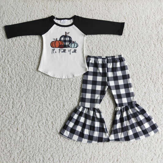 6 A9-29 Pumpkin print white panelled black long-sleeved top with black and white plaid panelled flared trousers