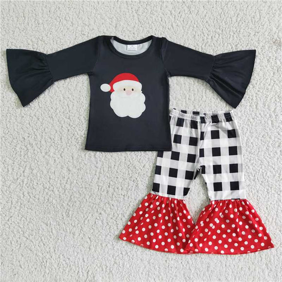 6 A8-14  Girls Christmas Black Flared Sleeve Top Plaid Polka Dot Flared Pants Set