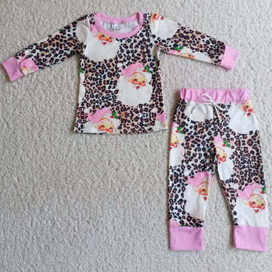 6 A4-26   Girls Santa Leopard Print Long Sleeve Pants Pink Pajama Set