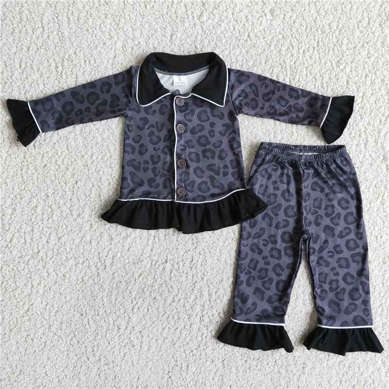 6 A24-20  Black Leopard Print Long Sleeve Trousers Set