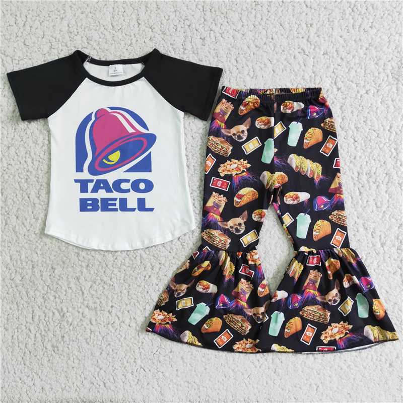 D5-18 Black Printed Short Sleeve Top with Food Puppy Print Flared Pants