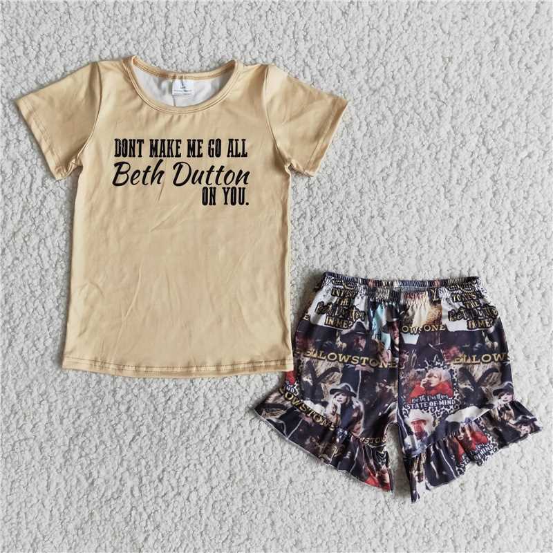 RTS NO MOQ（In Stock ) E11-14 Alphabet yellow short-sleeved top with printed shorts