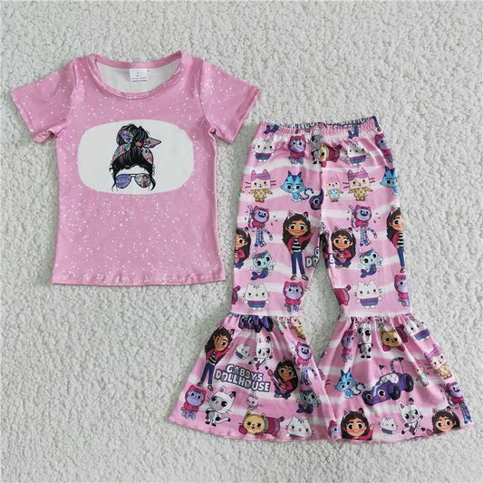 A12-11 Pink Printed Short Sleeve Top with Anime Movie Printed Flared Pants
