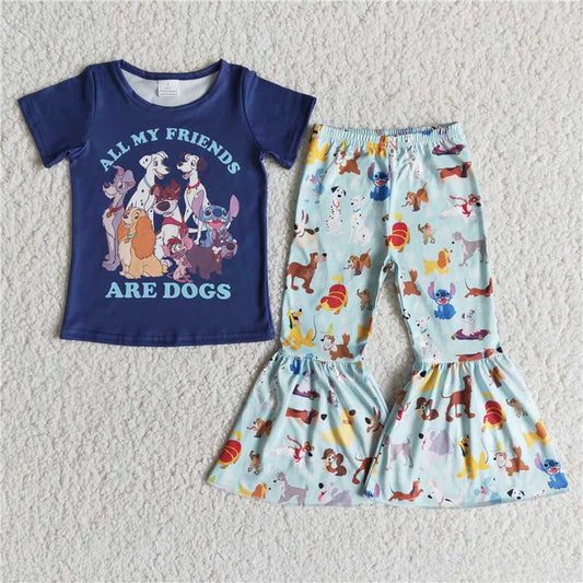 E7-18 New Anime Movie Print Blue Short Sleeve Top with Printed Flared Pants