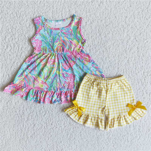 E8-19Summer girl watercolor sleeveless top plaid shorts boutique set wholesale price