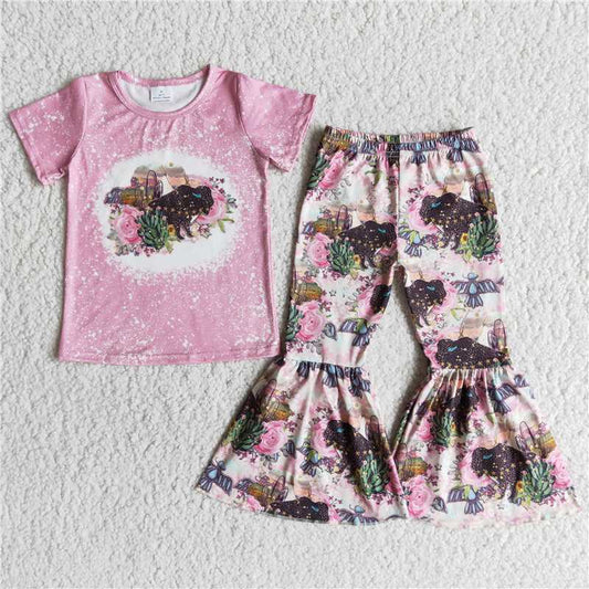 E12-15  Cow graphic print pink short-sleeved top with printed flared trousers