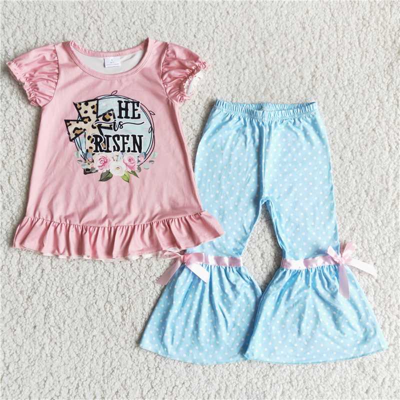 B5-25Easter Pink Short sleeve blue flare trouser suit