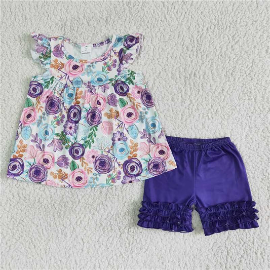 B17-27   Floral print sleeveless top with purple lace shorts