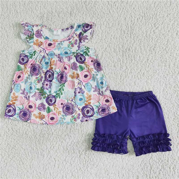 B17-27   Floral print short-sleeved top with dark blue shorts