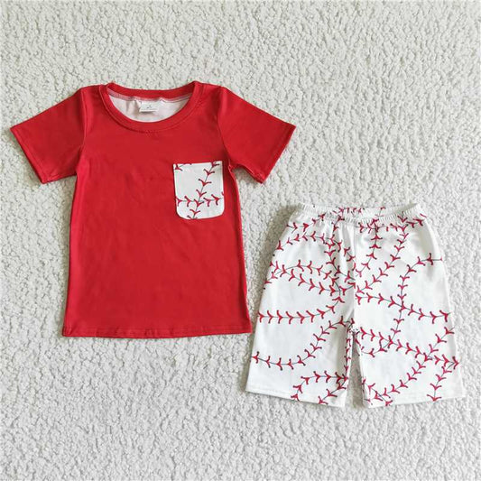 BSSO0022Summer boy red line leaf baseball pattern white pocket short sleeve shorts boutique set wholesale price