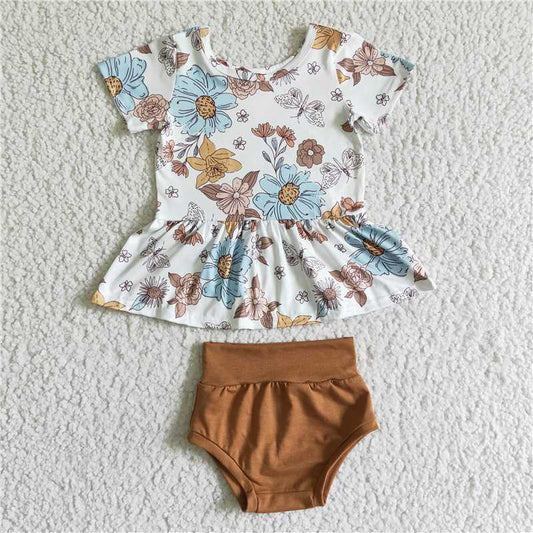 GBO0032   Girls White Flower Butterfly Short Sleeve Khaki Briefs Suit