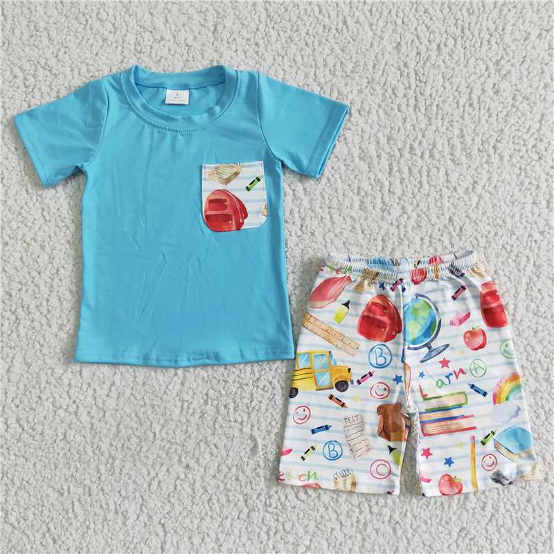 BSSO0071   Blue Pocket Short Sleeve Top with School Bus Bag Print White Shorts