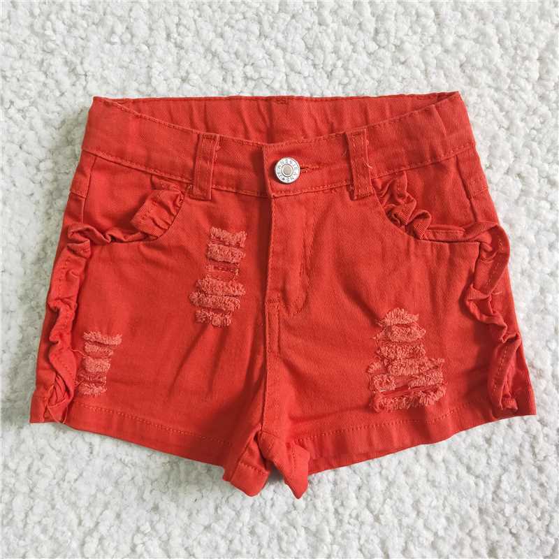 SS0010 Girls Denim Watermelon Red Hole Shorts