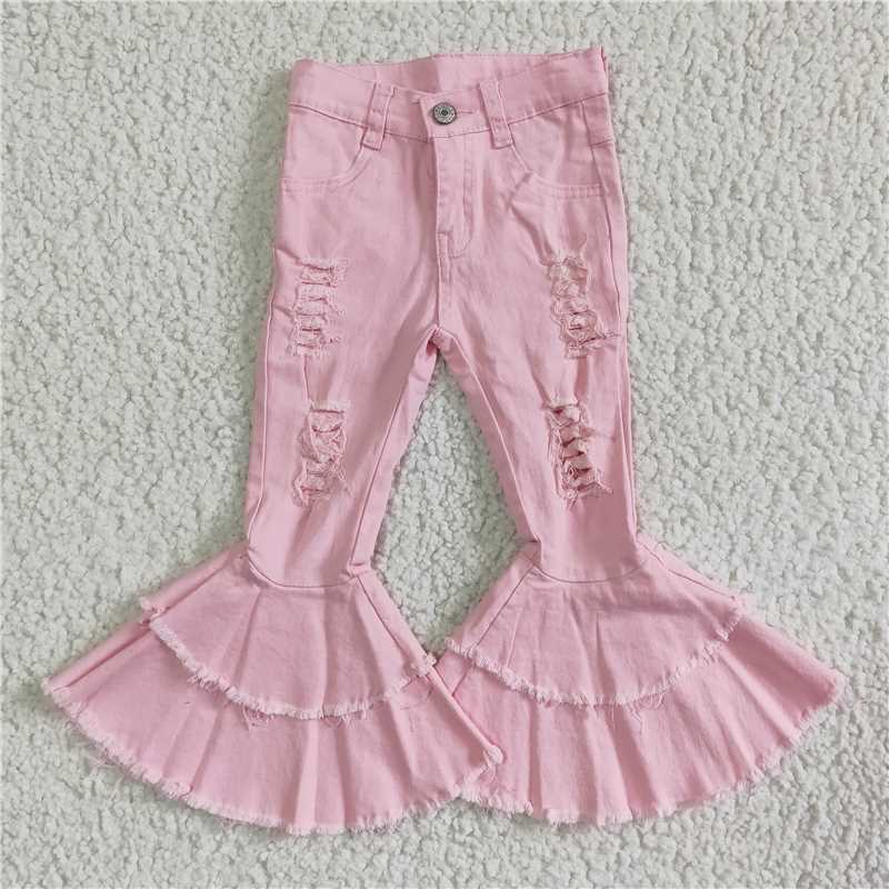 P0005Double Lace Ripped denim pants pink