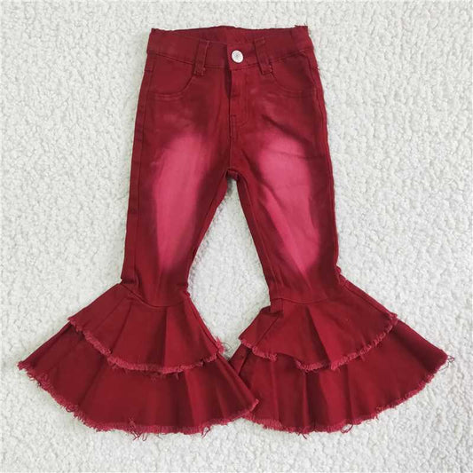 P0004Red double lace denim trousers