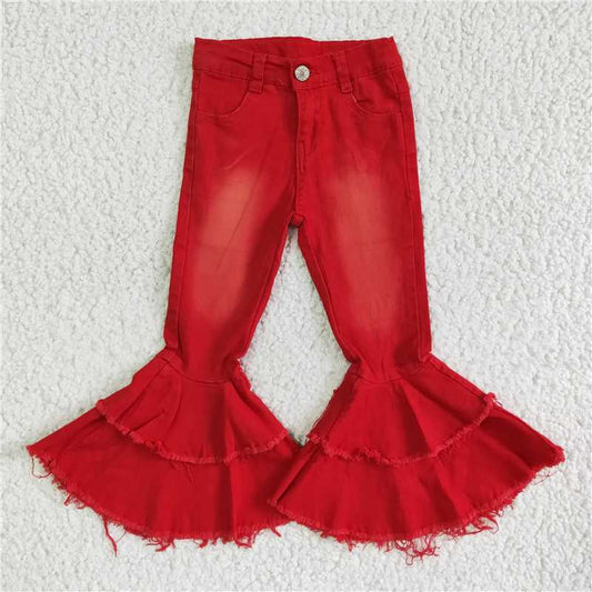 P0006Red double lace denim trousers