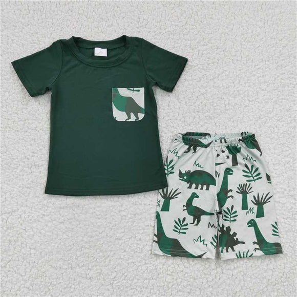 BSSO0116Boy Dinosaur Pocket Green Short Sleeve Shorts suit