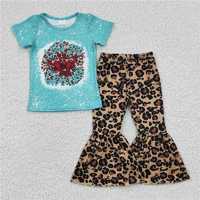 GSPO0333Girls Crayfish Blue leopard print short sleeve pants suit