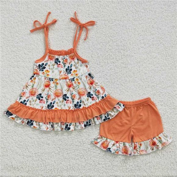 GSSO0194Girls Orange Flower Suspender Shorts suit