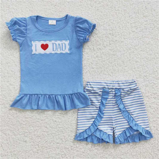 GSSO0187summer new girl embroidery Love DAD blue short sleeve shorts boutique fashion cute set wholesale price