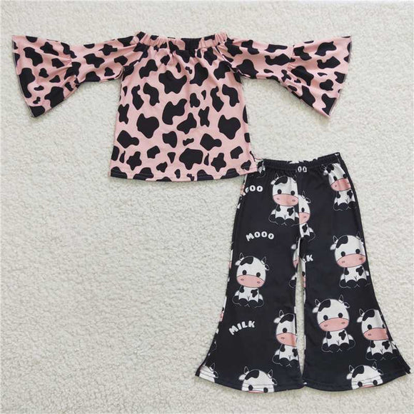 GLP0376Girl MOOO Pink cow print Long Sleeve Pants suit