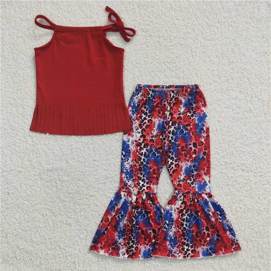 GSPO0299Summer new girl gas girl red tassel hanging neck color leopard print pants set wholesale price