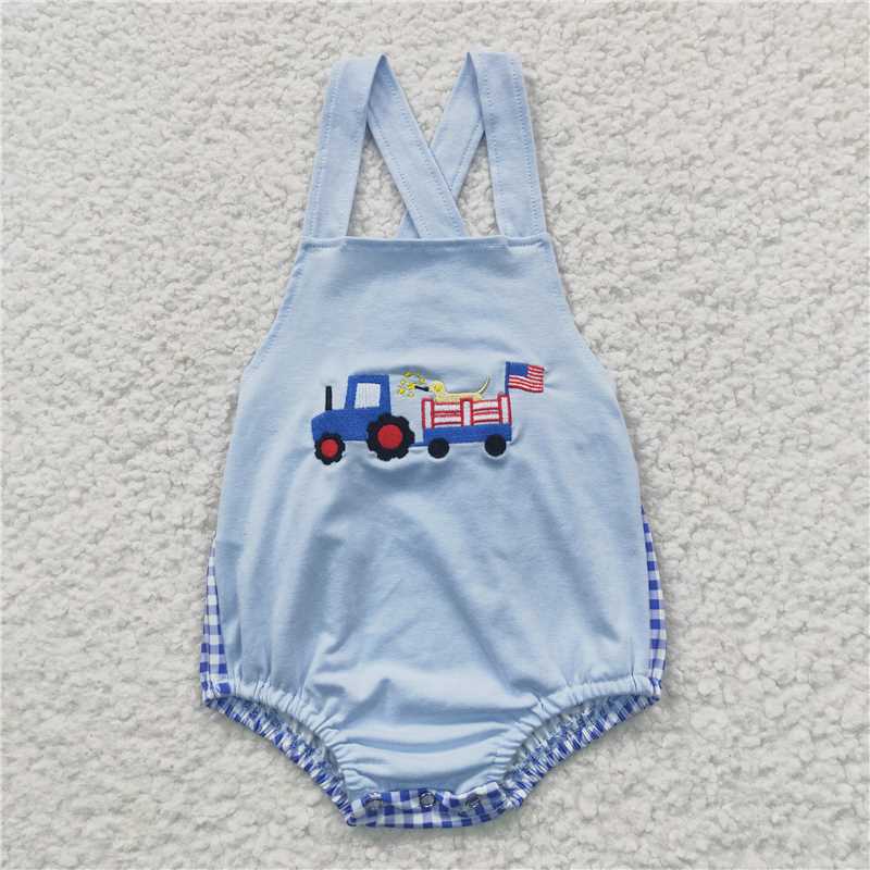 SR0273Summer new boys embroidery National Day car dog blue vest jumpsuit fashion cute boutique set wholesale price