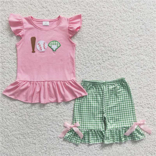 GSSO0205Summer new girls pink embroidery play baseball flying sleeve green plaid shorts boutique set wholesale price