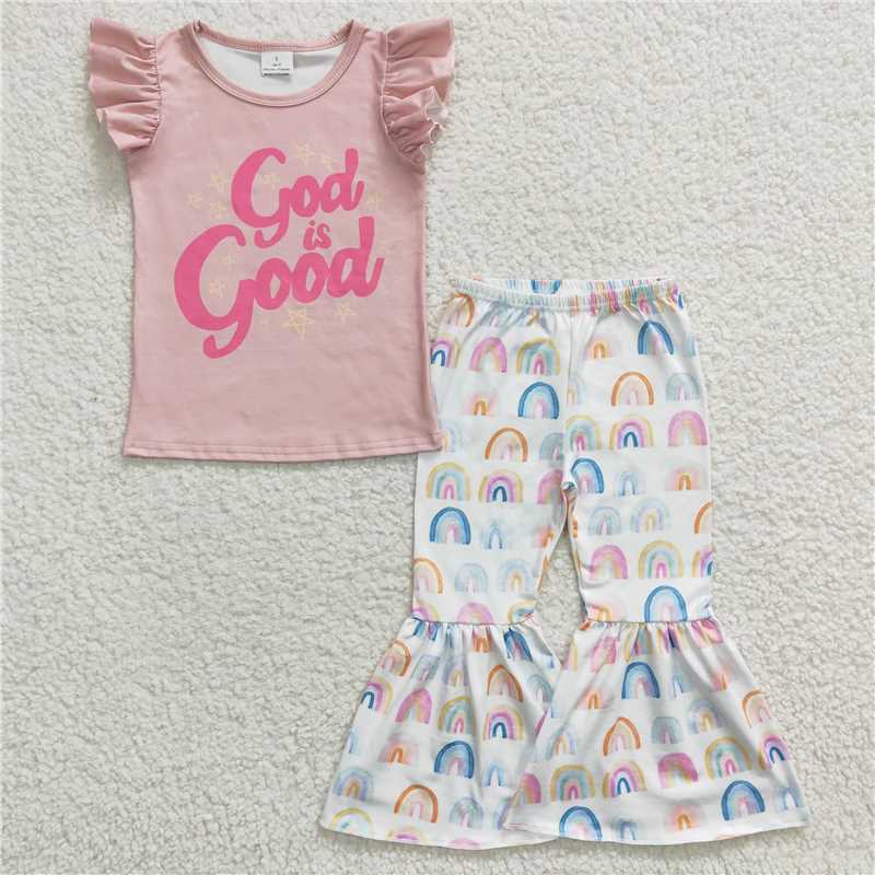 GSPO0479Summer new girl rainbow flying sleeves and trousers boutique set wholesale price