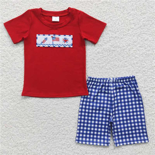 BSSO0176Summer boy Embroidery National Day flag fireworks red short sleeve short boutique set wholesale price