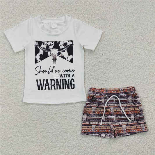 BSSO0210Summer children's clothing wholesale boy WARNING bull head white short sleeve shorts fashion boutique suit