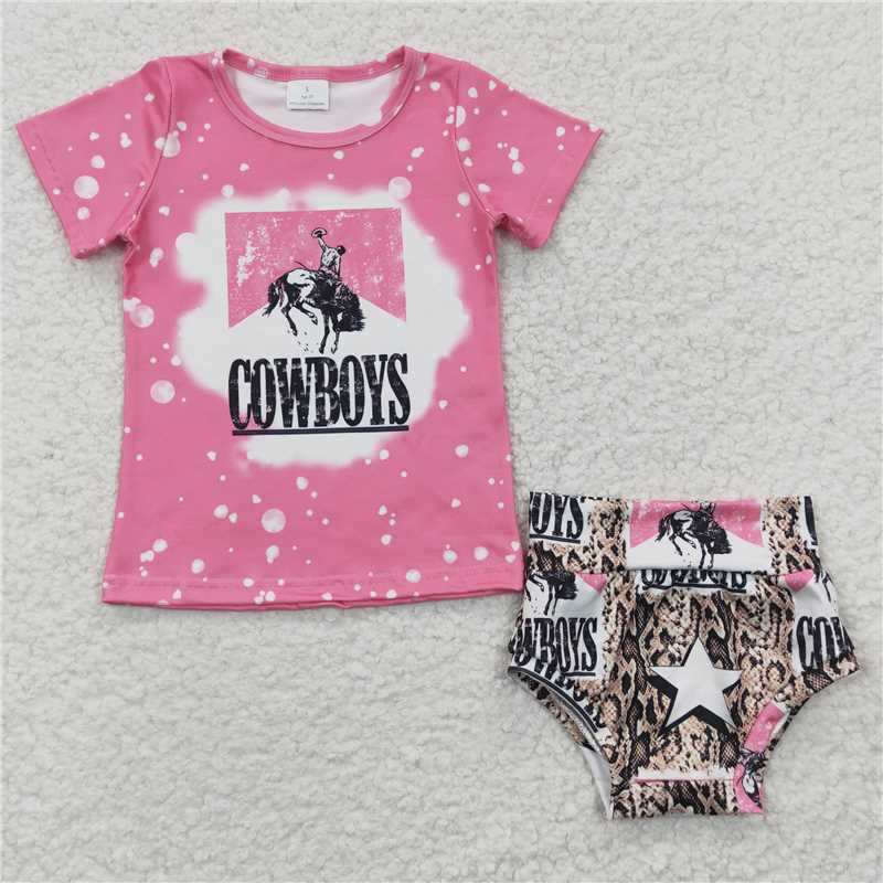 GBO0084Summer Girl COWBOY Stars Pink Short Sleeve briefs boutique fashion cute set wholesale price