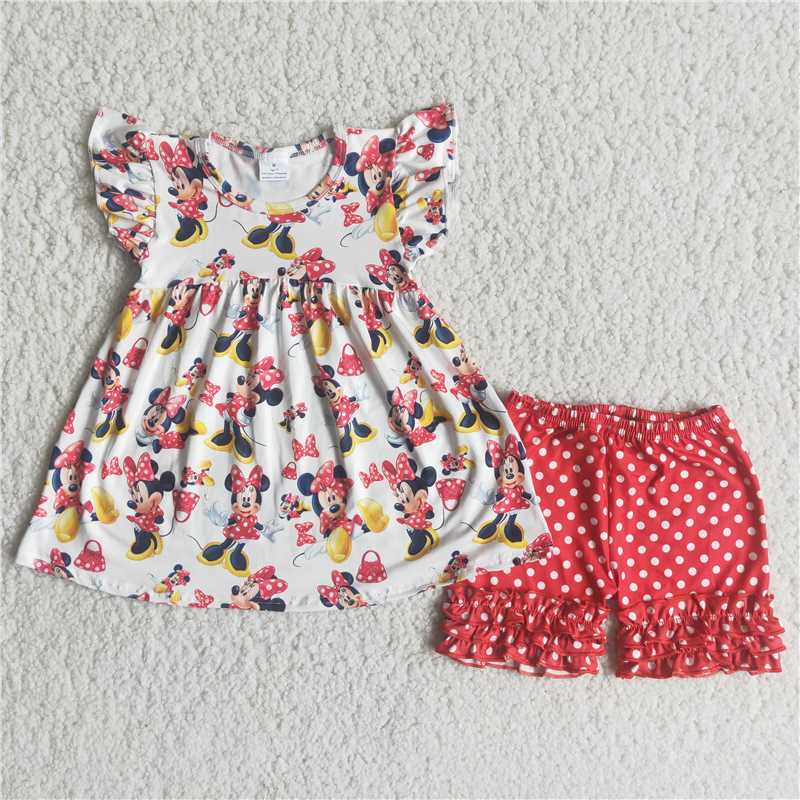 C0-15  Cartoon movie character print short-sleeved top with red polka-dot shorts