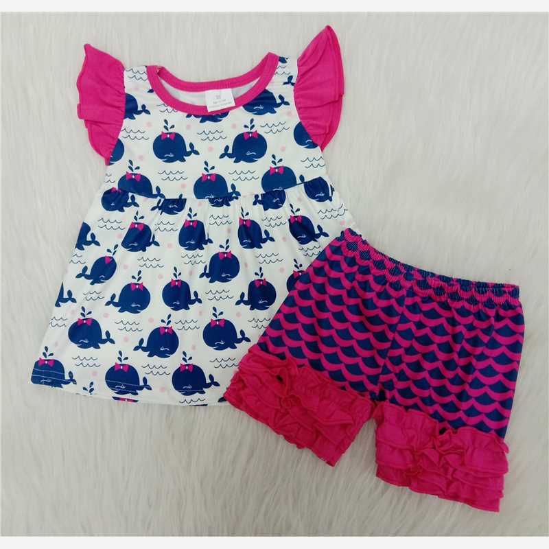 A12-10  Whale print white short-sleeved top with red fish scale print shorts