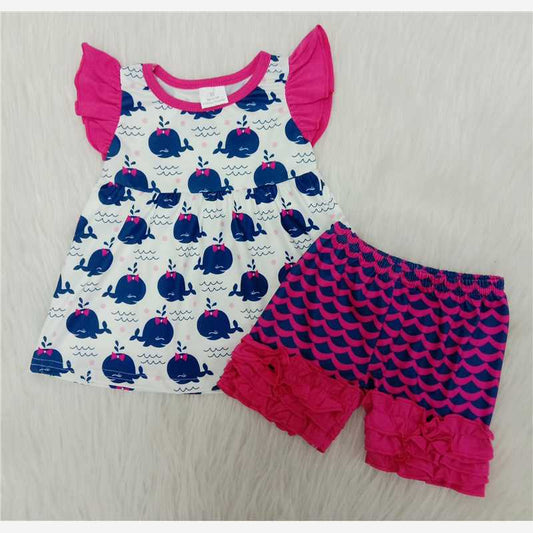 A12-10 Whale print white short-sleeved top with red fish scale print shorts