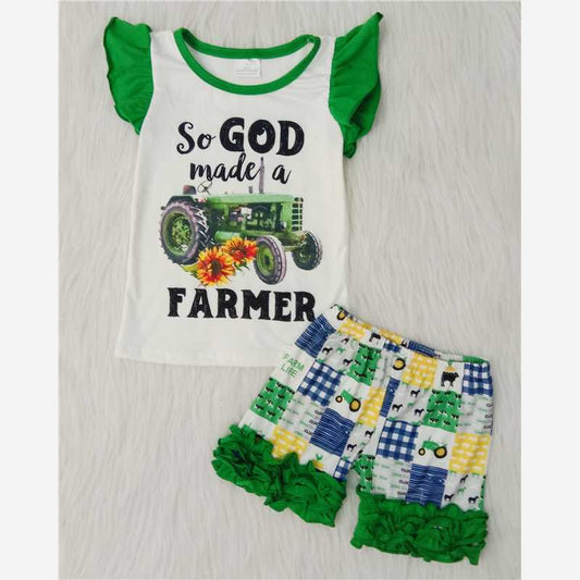 A14-3 Green car print white short sleeves with shorts