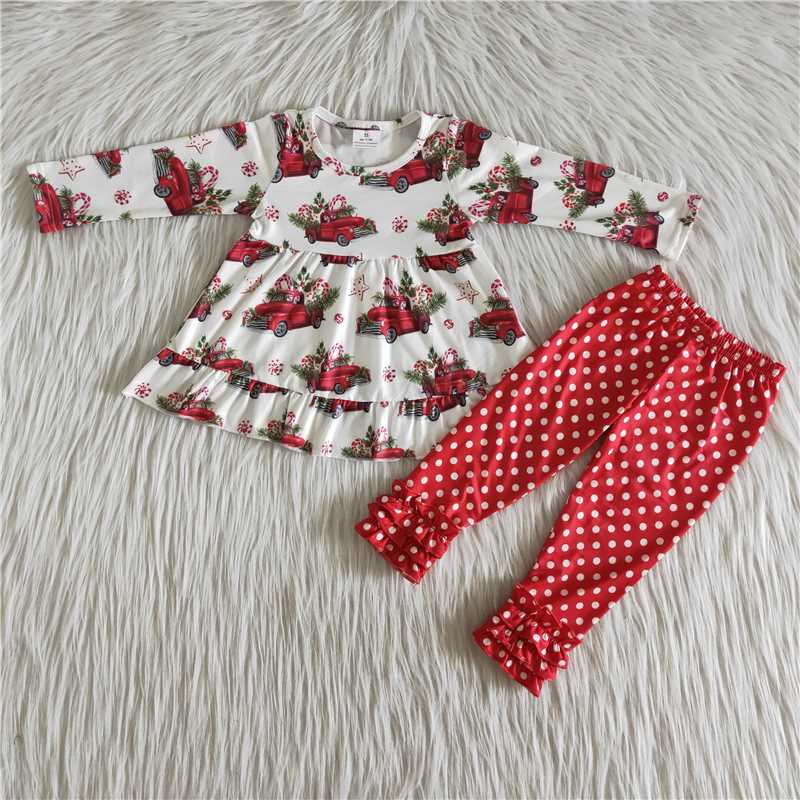 6 A23-15   Christmas car pattern white long-sleeved top with red polka-dot trousers set