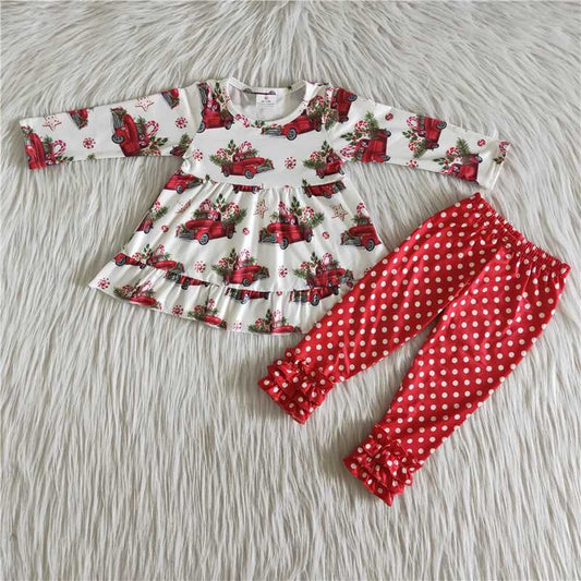 6 A23-15 Christmas car pattern white long-sleeved top with red polka-dot trousers set