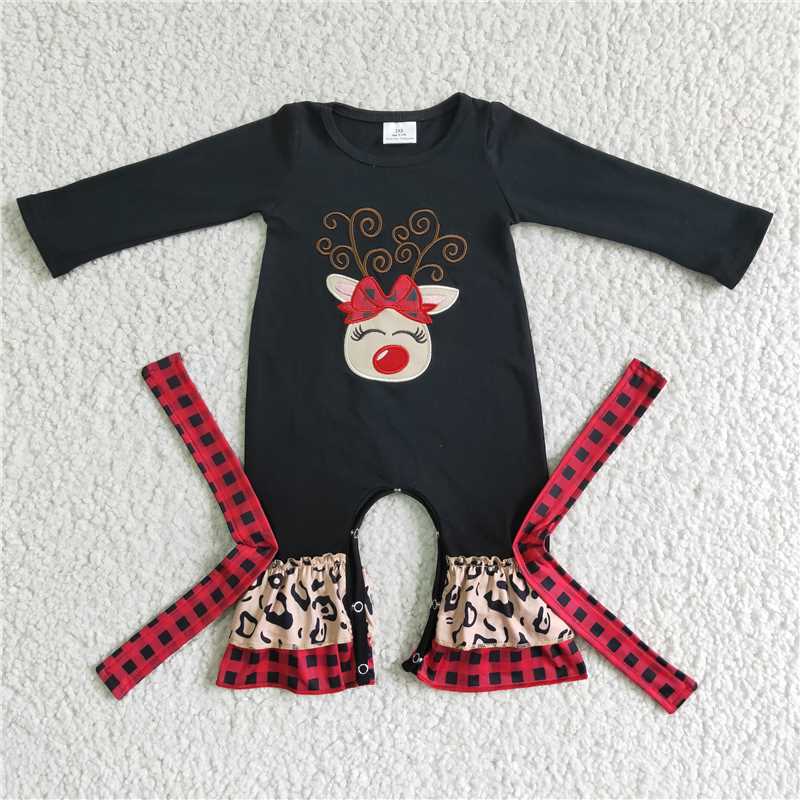 6 B11-9   girl	 Embroidered Deer Head Black Long Sleeve Bodysuit