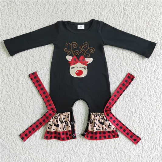 6 B11-9 girl Embroidered Deer Head Black Long Sleeve Bodysuit