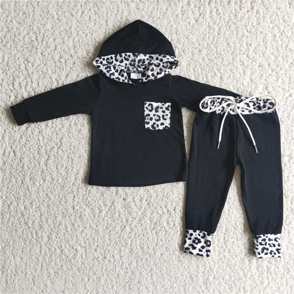 6 B8-22  White dot print black long-sleeved hooded sweater with trousers suit