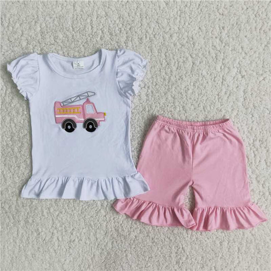 B3-4 Embroidered car short-sleeved top with pink pants