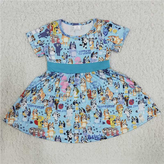 B7-4   Anime Character Puppy Print Light Blue Short Sleeve Dress