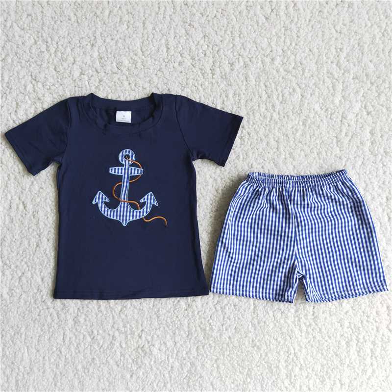 D12-17   Boat Spear Print Dark Blue Short Sleeve Top and Plaid Shorts Set