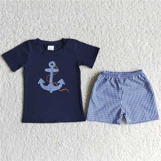 D12-17 Boat Spear Print Dark Blue Short Sleeve Top and Plaid Shorts Set