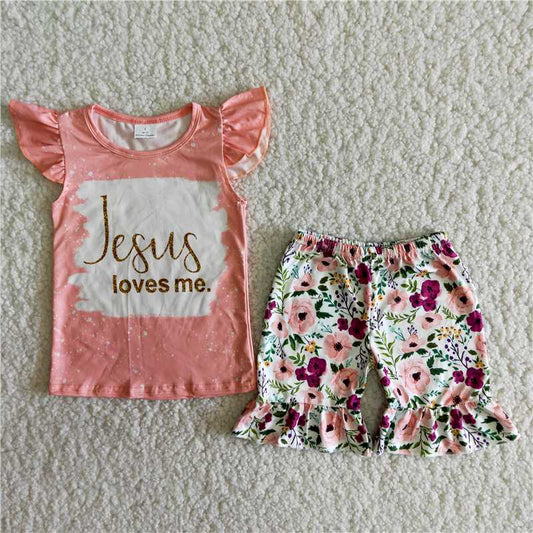 A14-12  Letter-print pink fly-sleeve top with printed shorts set