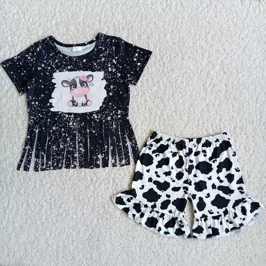 A5-23 Fringed Black Cow Print Short Sleeves with Shorts