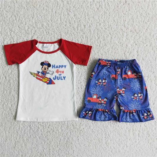 D10-28 Anime movie character print short-sleeved top with printed blue shorts