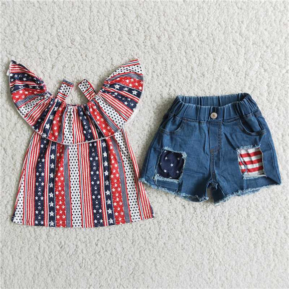 D7-14 National Day Stars and Stripes Suspender Denim Suit