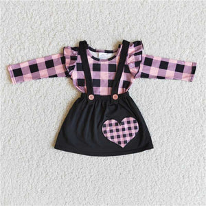 6 A28-30   Girls' purple plaid top with black heart embroidered suspender skirt